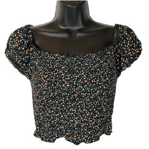 Crop Top Boho Black and Floral Elastic Puff Sleeves Large No Boundaries